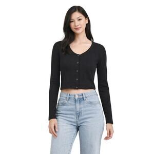 Capella Womens Long Sleeve Button Up Ribbed Crop Top Sz Medium Preppy Black